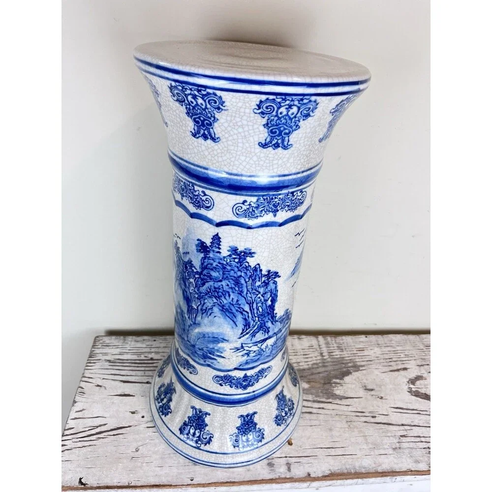 Vintage Mid Century Pedestal Shan Shui Pattern Mountain River Blue White Crazed